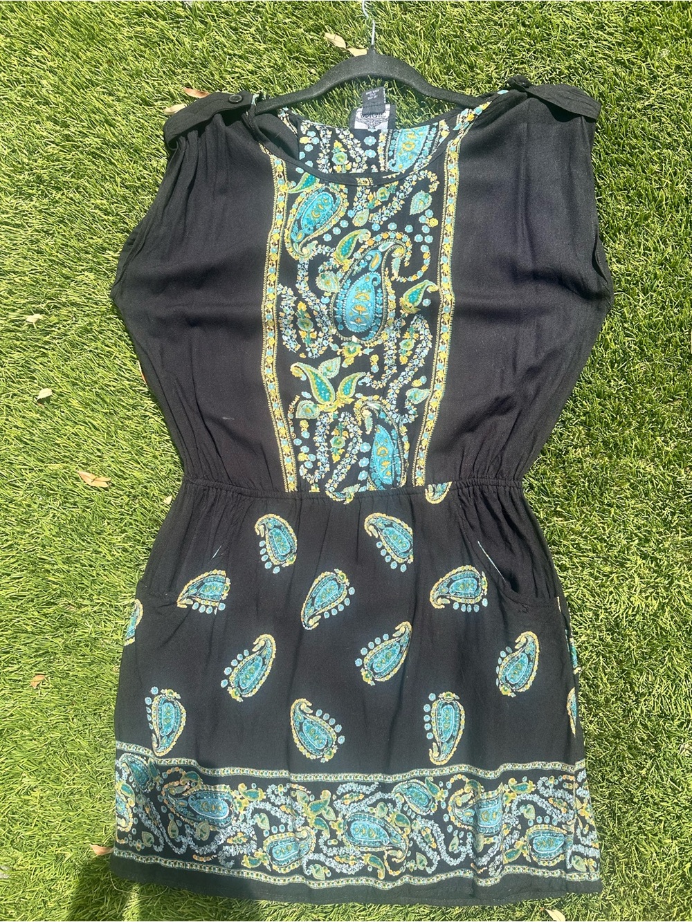 Black Paisley Printed Sleeveless Dress with Turquoise Accents